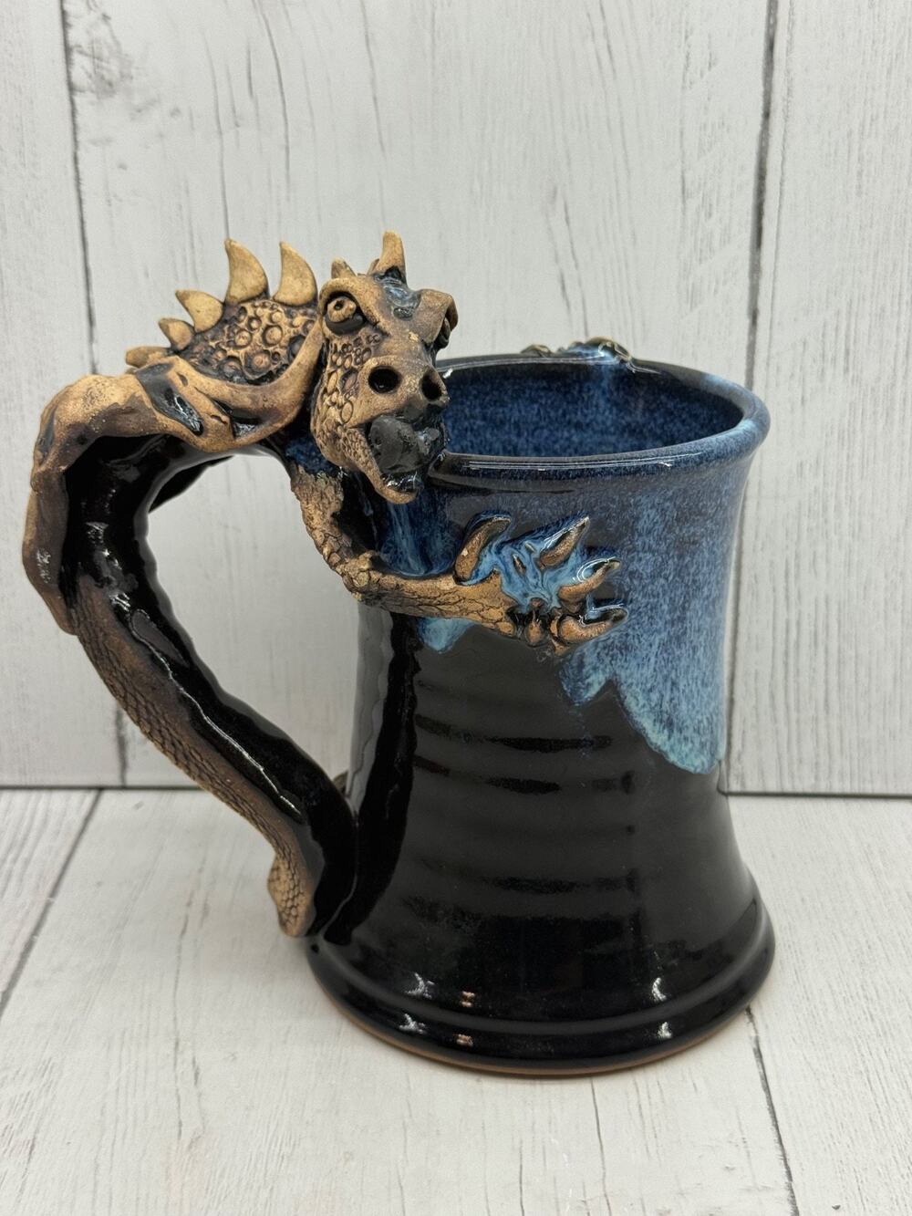 John Coiner Dragon Handle Pottery Blue Mug Broken Spike Signed Hand Crafted